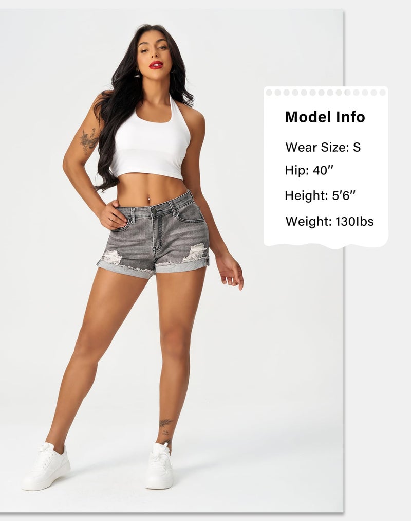 roswear Women's Ripped Mid Rise Stretchy Denim Jeans Shorts Grey Medium - Image 2